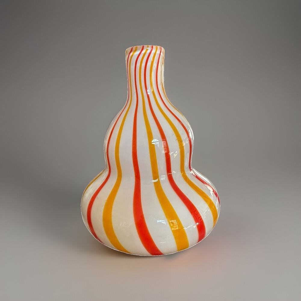 Vintage Art Glass Gourd Shaped White Striped Vase Murano Style Handblown 6” T